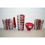 FIVE FRENCH MID-CENTURY GLASS VASES PLUS A FURTHER RUBY GLASS VASE AND A FURTHER CRANBERRY GLASS
