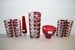 FIVE FRENCH MID-CENTURY GLASS VASES PLUS A FURTHER RUBY GLASS VASE AND A FURTHER CRANBERRY GLASS