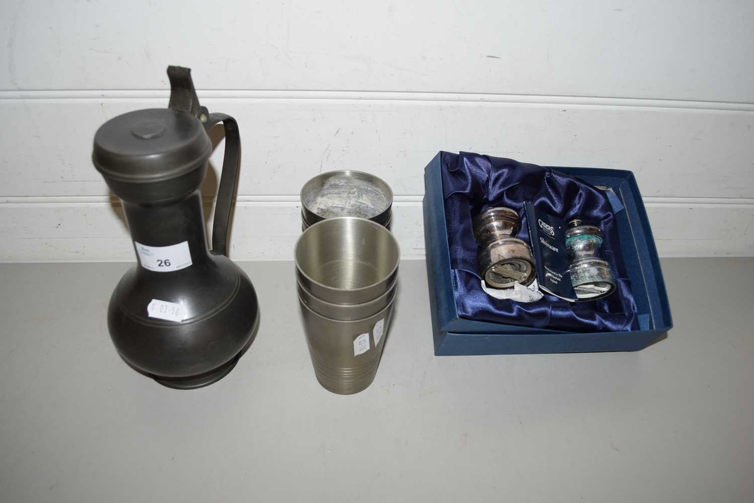 MIXED LOT OF CARRS OF SHEFFIELD CASED PEPPER MILLS, PEWTER BEAKERS, PEWTER TANKARD ETC