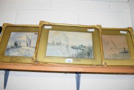 GROUP OF THREE STUDIES - BROADLAND SCENES WITH WHERRIES AND YACHTS, WATERCOLOURS, GILT F/G (3)