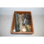 BOX CONTAINING VARIOUS DECANTER STOPPERS, HIP FLASK AND OTHER ITEMS