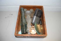 BOX CONTAINING VARIOUS DECANTER STOPPERS, HIP FLASK AND OTHER ITEMS