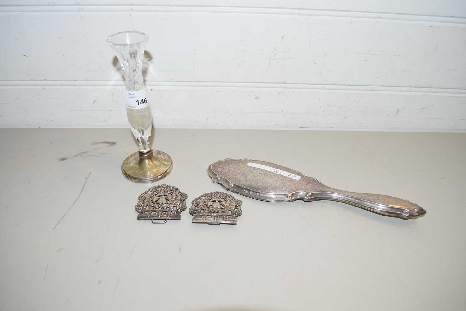 SILVER BACKED DRESSING TABLE HAND BRUSH, CUT GLASS AND SILVER BASED STEM VASE AND A PAIR OF WHITE