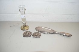 SILVER BACKED DRESSING TABLE HAND BRUSH, CUT GLASS AND SILVER BASED STEM VASE AND A PAIR OF WHITE