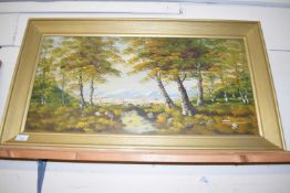 20TH CENTURY SCHOOL, STUDY OF WOODLAND SCENE WITH DISTANT MOUNTAINS, INDISTINCTLY SIGNED, OIL ON