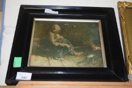 AFTER JOSEPH ISRAELS, OLEOGRAPH STUDY OF MOTHER AND BABY BY FIRESIDE SET IN AN EBONISED FRAME