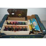 BOX OF VARIOUS ARTISTS PAINTS, BRUSHES, PALETTES ETC