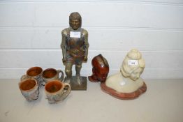 20TH CENTURY ALABASTER FEMALE BUST TOGETHER WITH METAL MODEL OF A KNIGHT, POLISHED STONE CUPS AND AN