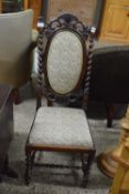 LATE VICTORIAN ROSEWOOD FRAMED HALL CHAIR WITH UPHOLSTERED BACK AND SEAT AND BARLEY TWIST SUPPORTS