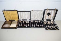 FOUR CASES VARIOUS SILVER PLATED AND STEEL KNIVES AND TEA SPOONS