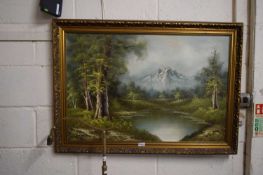 ANTONIO (CONTEMPORARY) STUDY OF WOODLAND SCENE WITH DISTANT MOUNTAINS, OIL ON CANVAS, GILT FRAMED,