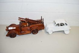 POTTERY TABLE LAMP FORMED AS A CITROEN 2CV TOGETHER WITH A FURTHER VINTAGE WOODEN TRUCK