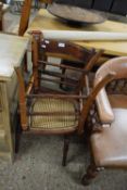 VICTORIAN ELM SEATED KITCHEN CHAIR TOGETHER WITH A CANE TOPPED STOOL (2)