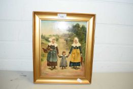 SMALL STUDY OF TWO LADIES AND A CHILD ON A COUNTRY ROAD, OIL ON CANVAS, INDISTINCTLY SIGNED BUT