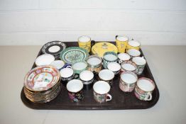 TRAY CONTAINING COLLECTION OF VARIOUS COFFEE CANS AND SAUCERS