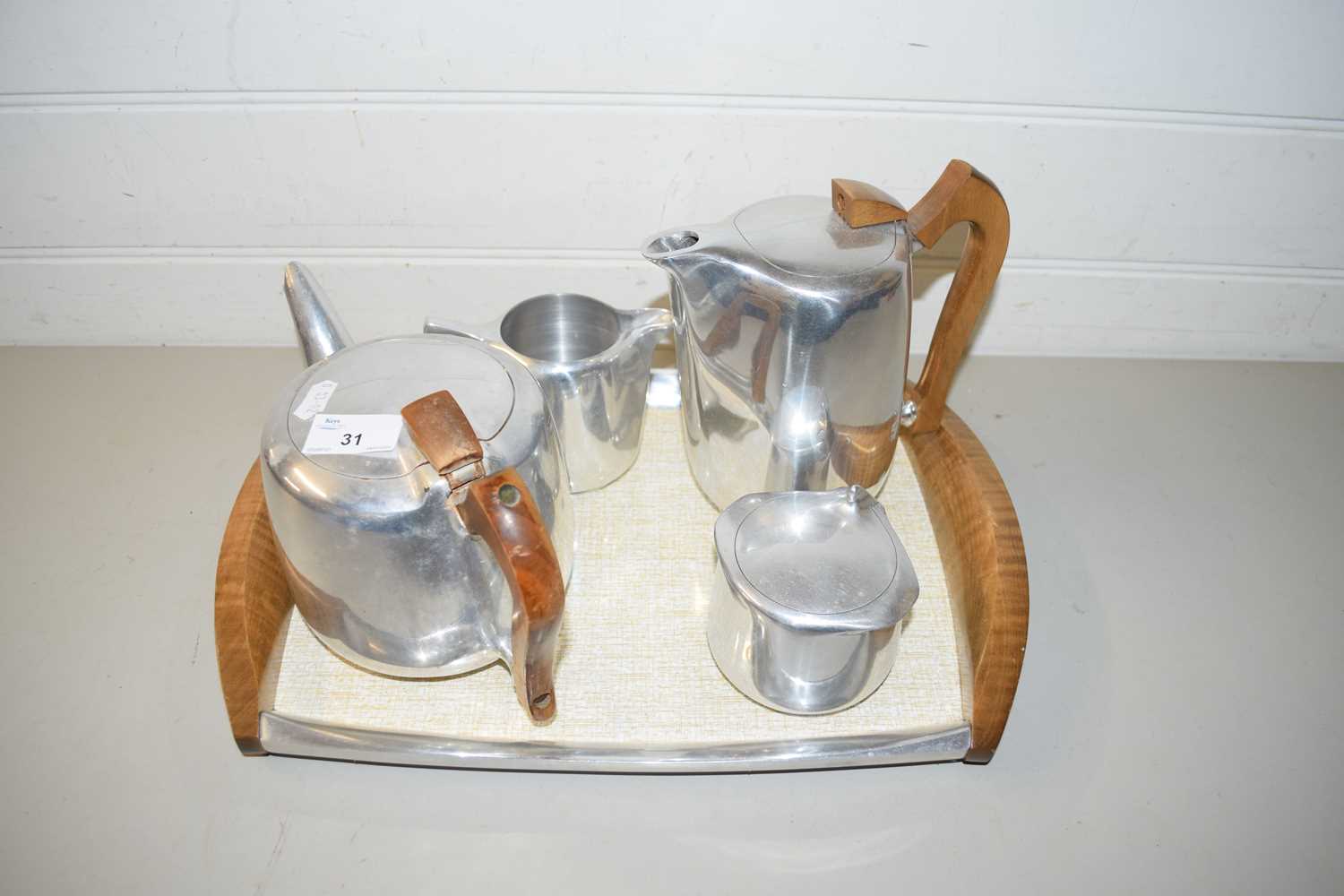 PICQUOT WARE FOUR PIECE TEA SET WITH TRAY