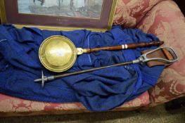 BRASS BED WARMING PAN AND A SHOOTING STICK