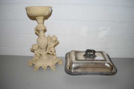 SILVER PLATED ENTREE DISH TOGETHER WITH A COMPOSITION FLOWER STAND WITH CHERUB DECORATION (2)