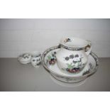 LATE 19TH CENTURY FLORAL DECORATED WASH JUG AND BOWL SET PLUS FURTHER SOAP DISH AND TOOTHBRUSH