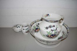 LATE 19TH CENTURY FLORAL DECORATED WASH JUG AND BOWL SET PLUS FURTHER SOAP DISH AND TOOTHBRUSH