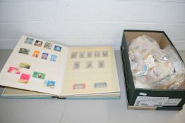 ALBUM OF VARIOUS WORLD STAMPS PLUS A SHOE BOX OF LOOSE STAMPS