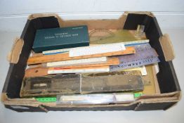 BOX OF VARIOUS VINTAGE RULERS AND DRAWING INSTRUMENTS