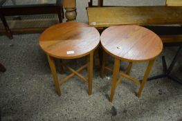 PAIR OF SMALL HARDWOOD CIRCULAR TOPPED TABLES, 38CM WIDE