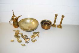 BRASS BOWL, VARIOUS SMALL BRASS ORNAMENTS, CANDLESTICKS, ISLAMIC COFFEE POT ETC