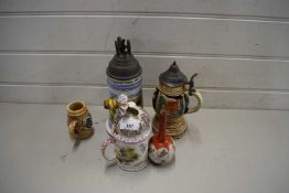 MIXED LOT : BEER STEINS, SMALL POTTERY CANDLEHOLDER AND OTHER ITEMS (5)