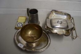 MIXED LOT VARIOUS SILVER PLATED DISHES, PEWTER TANKARD ETC