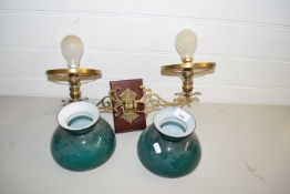 PAIR OF BRASS FRAMED WALL BRACKETS WITH GREEN GLASS SHADES