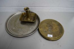 MIXED LOT OF BRASS PLACE MATS, BRASS CHAMBER STICK AND A SERVING TRAY