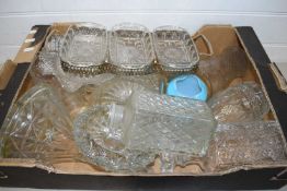 BOX OF MIXED DECANTERS, GLASS DISHES ETC