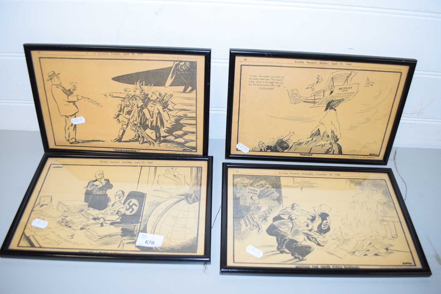 GROUP OF FOUR FRAMED PRINTS FROM THE EVENING STANDARD DEPICTING ANTI-NAZI CARTOONS