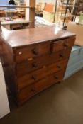 19TH CENTURY OAK AND MAHOGANY CROSS BANDED CHEST OF TWO SHORT OVER THREE LONG DRAWERS WITH TURNED