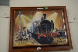 KENNETH GRANT (British, 20th century), A steam engine in a railyard, oil on canvas, signed, 15.5 x