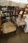 ELM SEATED VICTORIAN KITCHEN CHAIR TOGETHER WITH A FURTHER RUSH SEATED CHAIR (2)
