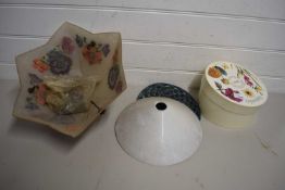 MIXED LOT OF GLASS LIGHT SHADE, IRON POT STAND, AND A SPODE SEPTEMBER CUP AND SAUCER