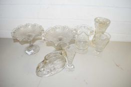 MIXED LOT OF GLASS VASES, TAZZAS, JELLY MOULDS ETC