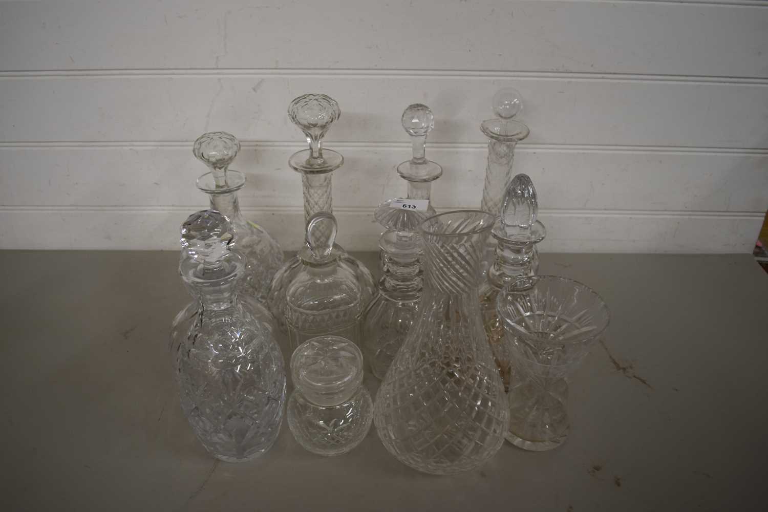 MIXED LOT VARIOUS DECANTERS, GLASS VASES ETC