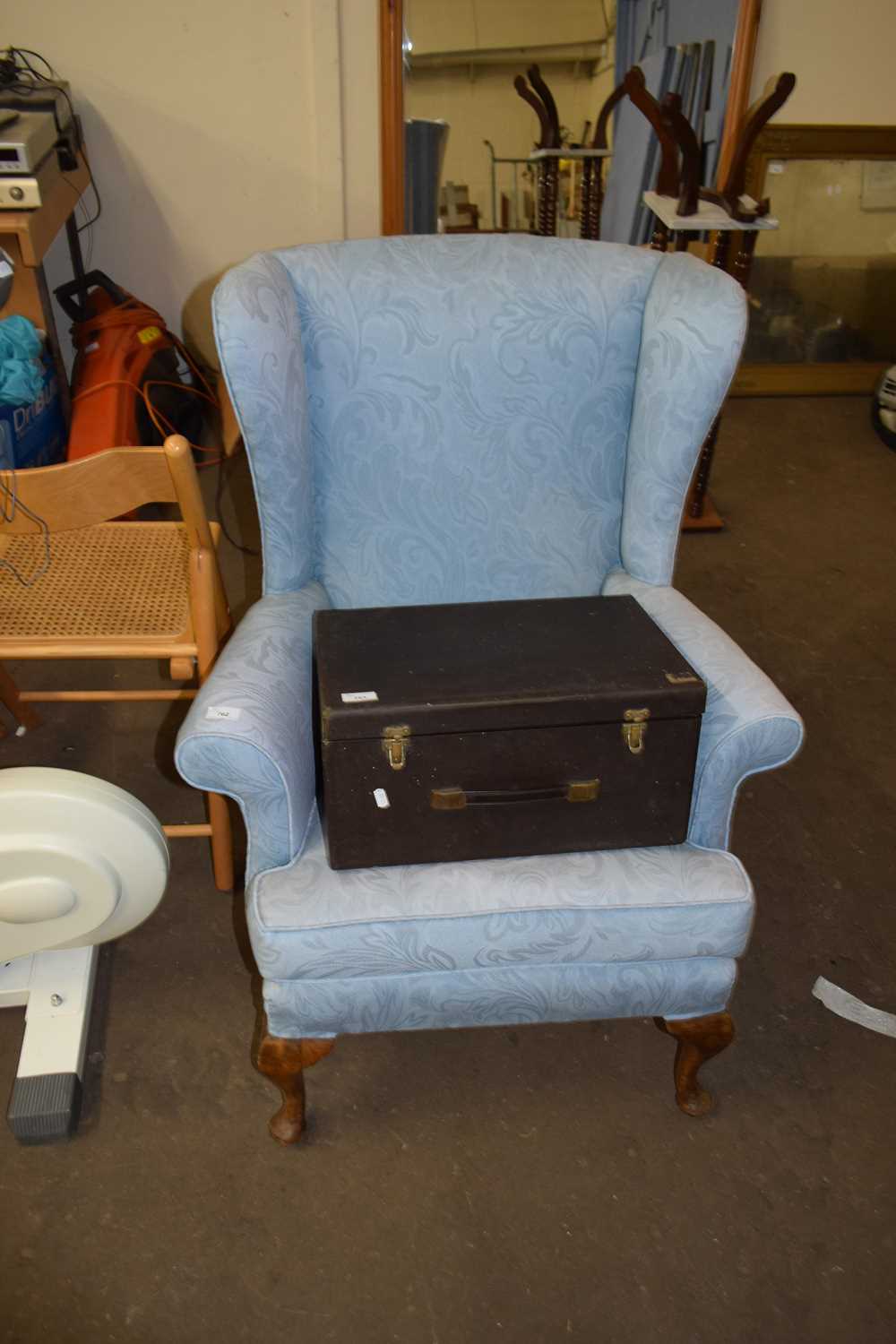 BLUE UPHOLSTERED WINGBACK ARMCHAIR