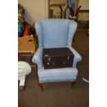 BLUE UPHOLSTERED WINGBACK ARMCHAIR