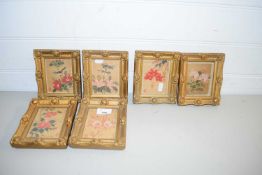 SIX SMALL ORIENTAL PICTURES OF FLOWERS IN GILT FRAMES