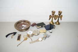 MIXED LOT OF WRIST WATCHES, CIGARETTE LIGHTERS, PAIR OF BRASS CANDLESTICKS ETC