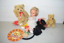 MIXED LOT OF TEDDY BEARS, DOLL AND OTHER TOYS