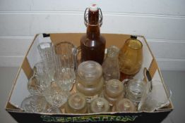 BOX VARIOUS GLASS STORAGE JARS, DRINKING GLASSES ETC