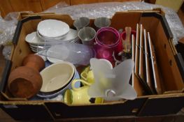 BOX OF MIXED CERAMICS, GLASS WARES, PICTURES ETC