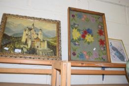 MIXED LOT COMPRISING A FRAMED STUDY OF A CASTLE, PLUS FURTHER NEEDLEWORK PICTURE AND A FRAMED