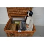 WICKER BASKET CONTAINING VARIOUS PICTURES, DOLL ETC