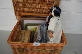 WICKER BASKET CONTAINING VARIOUS PICTURES, DOLL ETC